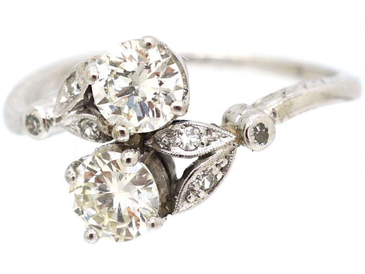 Art Deco Platinum, Two Stone Diamond Ring with Leaf Detail