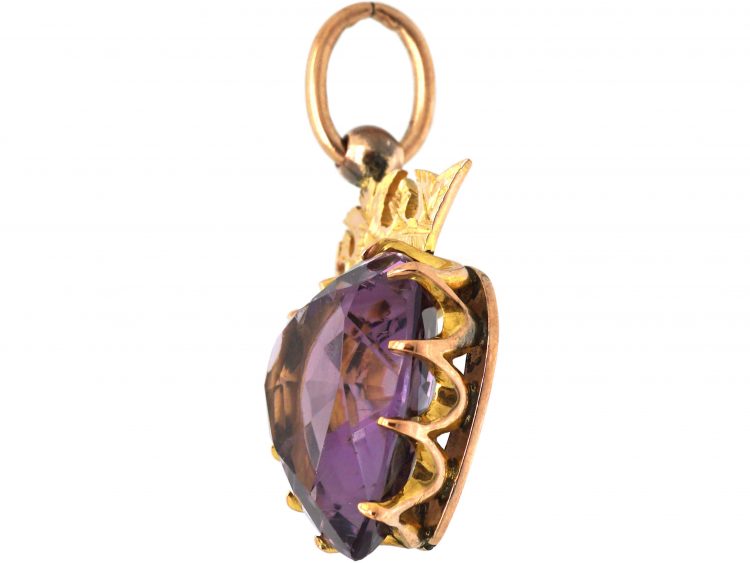 Edwardian 9ct Gold & Amethyst Heart Shaped Pendant with Crown