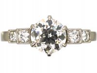 Art Deco Platinum, Diamond Solitaire Ring with Diamond Set Shoulders