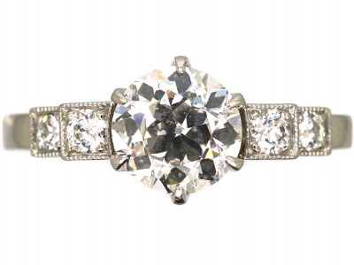 Art Deco Platinum, Diamond Solitaire Ring with Diamond Set Shoulders