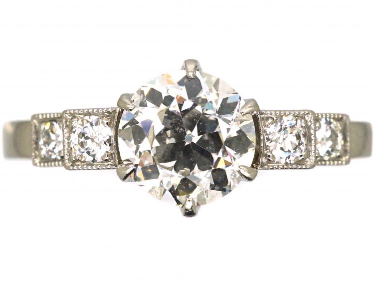 Art Deco Platinum, Diamond Solitaire Ring with Diamond Set Shoulders