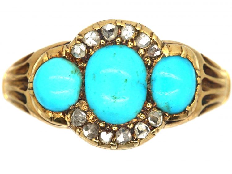 Victorian 18ct Gold, Three Stone Turquoise and Rose Diamond Ring