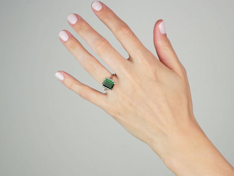 Art Deco 18ct White Gold, Green Tourmaline & Diamond Ring