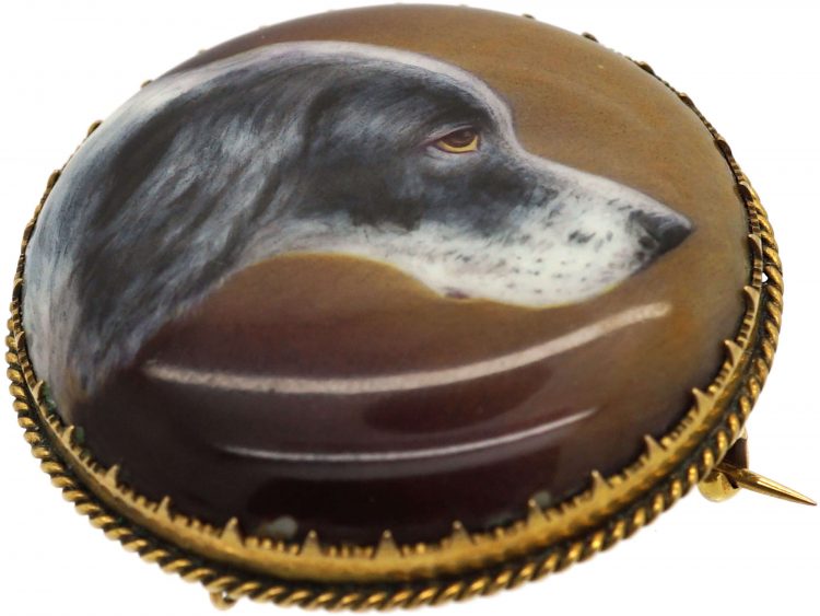Victorian 15ct Gold & Enamel Brooch of an English Setter signed by W.B Ford in 1884