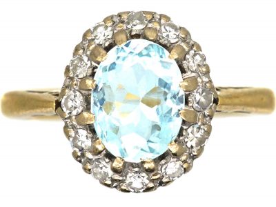 18ct Gold, Aquamarine & Diamond Oval Cluster Ring