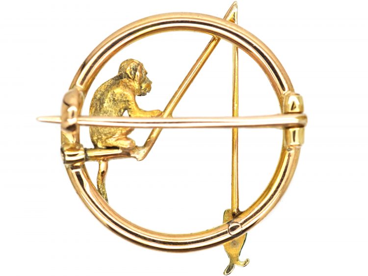 Edwardian 15ct Gold Monkey & Fish Novelty Brooch