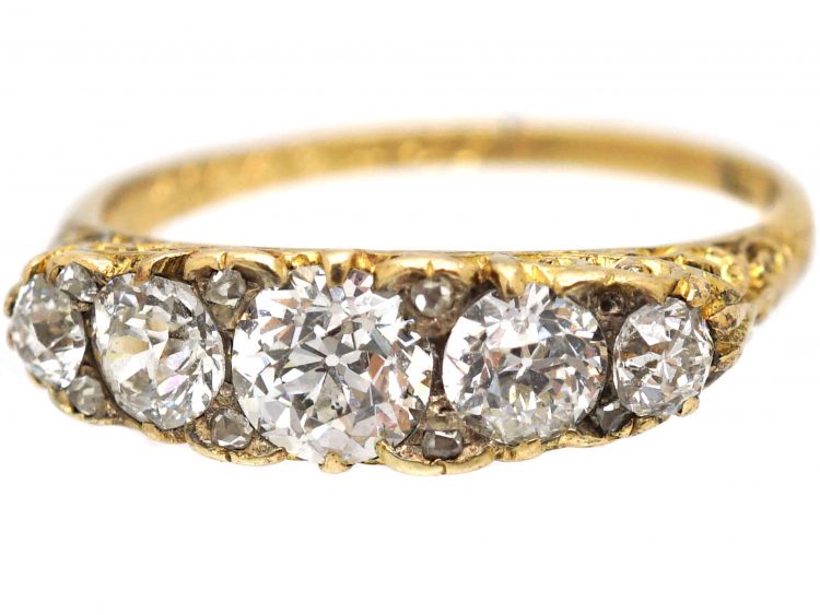 Victorian 18ct Gold, Five Stone Diamond Carved Half Hoop Ring
