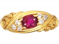 Edwardian 18ct Gold, Burma Ruby and Diamond Scroll Ring