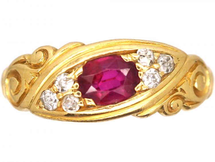 Edwardian 18ct Gold, Burma Ruby and Diamond Scroll Ring