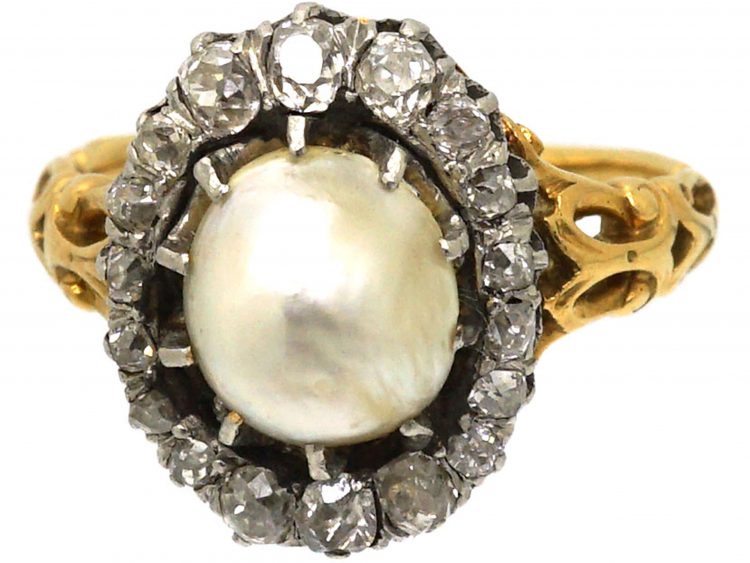 Victorian 18ct Gold, Natural Pearl & Old Mine Cut Diamond Cluster Ring
