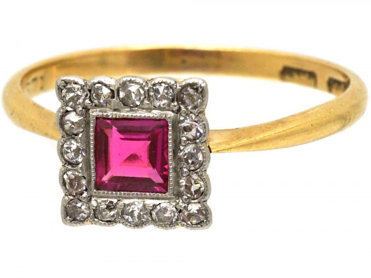 Art Deco 18ct Gold & Platinum, Ruby & Diamond Square Ring