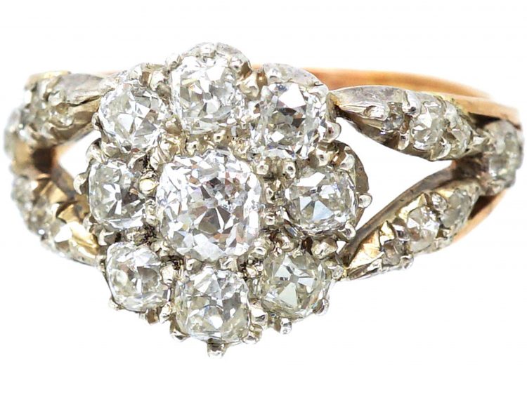 Georgian Diamond Cluster Ring with Split Diamond Set Shoulders