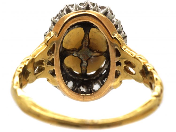 Victorian 18ct Gold, Natural Pearl & Old Mine Cut Diamond Cluster Ring