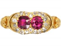 Edwardian 18ct Gold, Ruby and Diamond Conjoined Double Cluster Ring