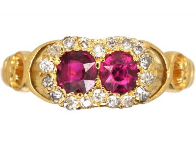 Edwardian 18ct Gold, Ruby and Diamond Conjoined Double Cluster Ring