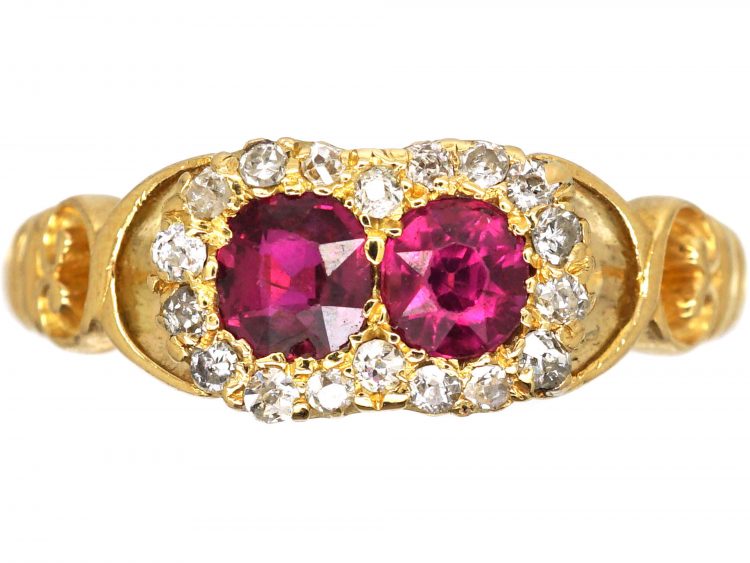 Edwardian 18ct Gold, Ruby and Diamond Conjoined Double Cluster Ring