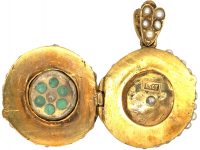 Edwardian 15ct Gold Double Sided Round Locket set with Pearls, Emeralds & Diamonds