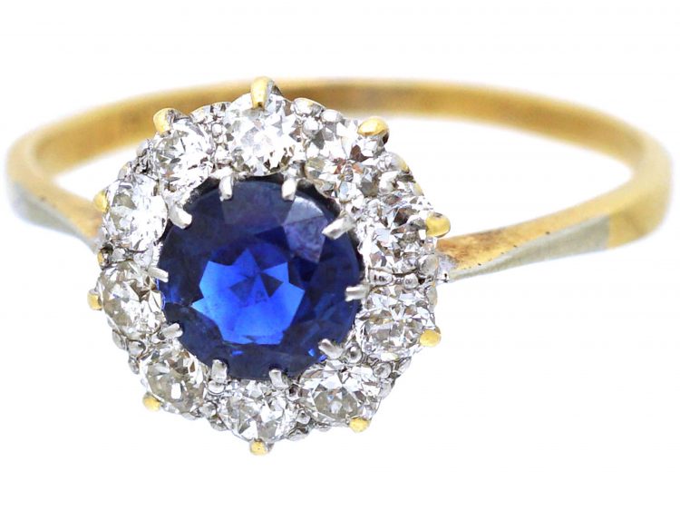 Edwardian 18ct Gold and Platinum, Sapphire and Diamond Cluster Ring
