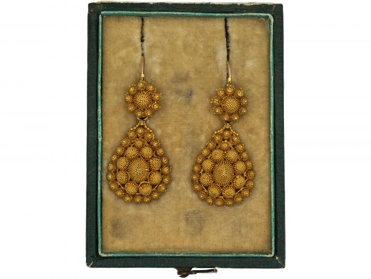 French Early 19th Century 18ct Gold Drop Earrings in Original Case