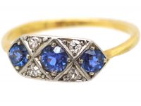 Art Deco 18ct Gold and Platinum, Sapphire and Diamond Plaque Ring