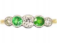 Edwardian 18ct Gold, Rub Over Set Green Garnet & Diamond Five Stone Ring
