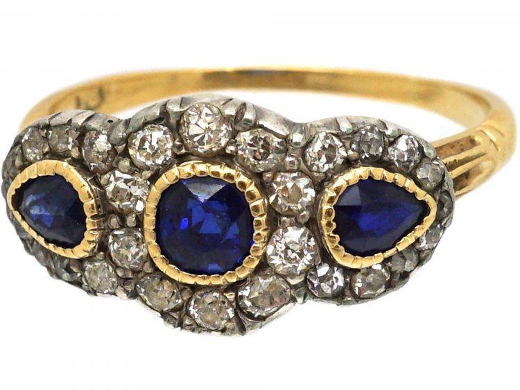 Victorian 18ct Gold, Sapphire and Diamond Triple Cluster Ring