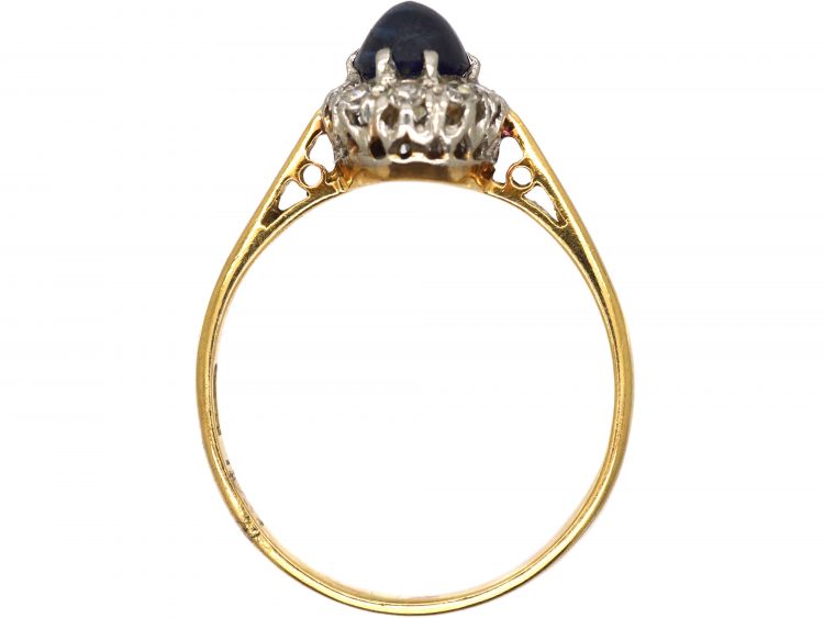Art Deco 18ct Gold, Cabochon Sapphire & Diamond Cluster Ring