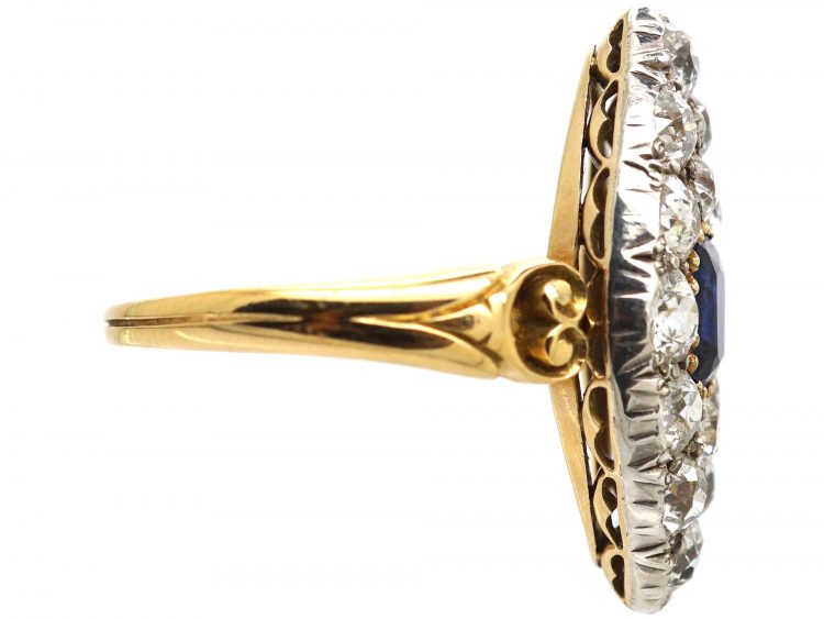 Victorian 18ct Gold, Large Sapphire and Diamond Marquise Shaped Ring