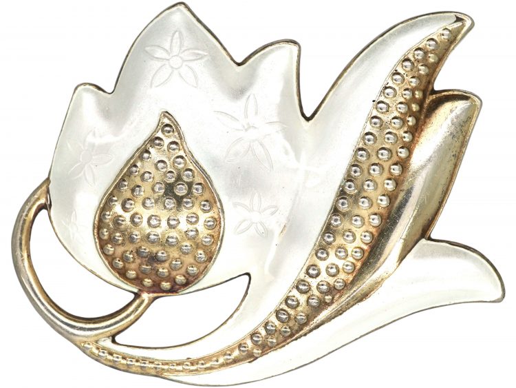 Silver & White Enamel Tulip Brooch by J Tostrup