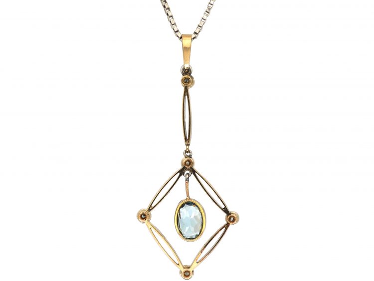 Art Deco 15ct Gold & Platinum Aquamarine & Diamond Drop Pendant on Chain in Original Case