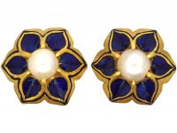 Victorian 18ct Gold, Royal Blue Enamel & Natural Pearl Stud Earrings