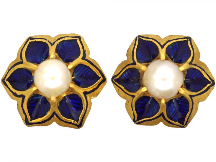Victorian 18ct Gold, Royal Blue Enamel & Natural Pearl Stud Earrings