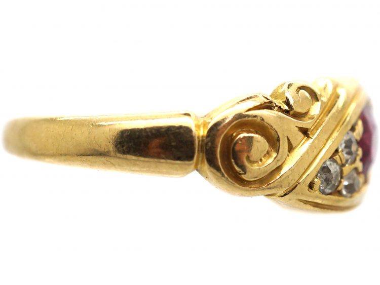 Edwardian 18ct Gold, Burma Ruby and Diamond Scroll Ring