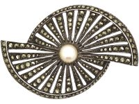 Art Deco Silver, Marcasite & Cultured Pearl Fan Brooch
