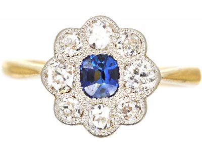 Edwardian 18ct Gold and Platinum, Diamond and Sapphire Cluster Ring