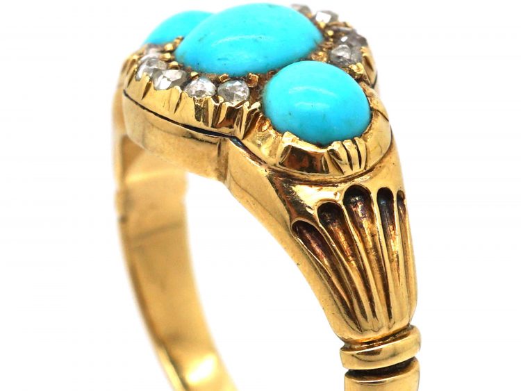Victorian 18ct Gold, Three Stone Turquoise and Rose Diamond Ring