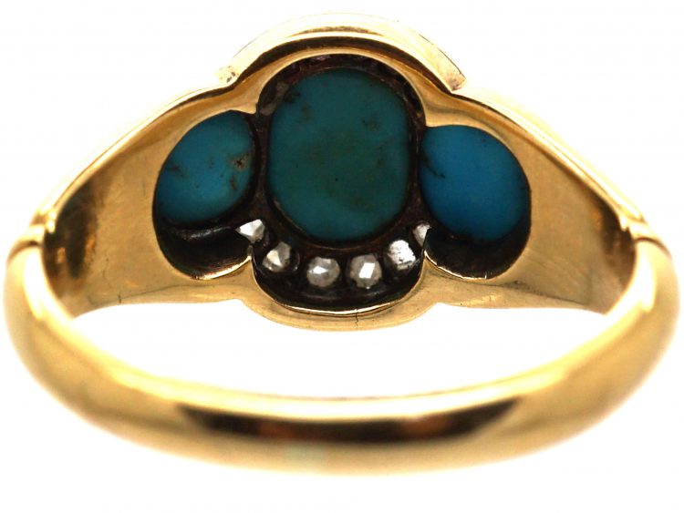Victorian 18ct Gold, Three Stone Turquoise and Rose Diamond Ring
