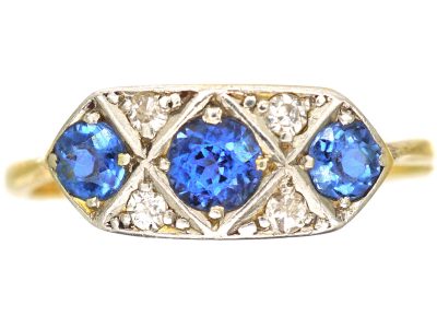 Art Deco 18ct Gold and Platinum, Sapphire and Diamond Plaque Ring