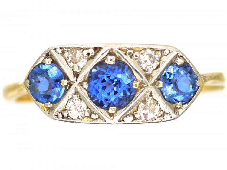 Art Deco 18ct Gold and Platinum, Sapphire and Diamond Plaque Ring
