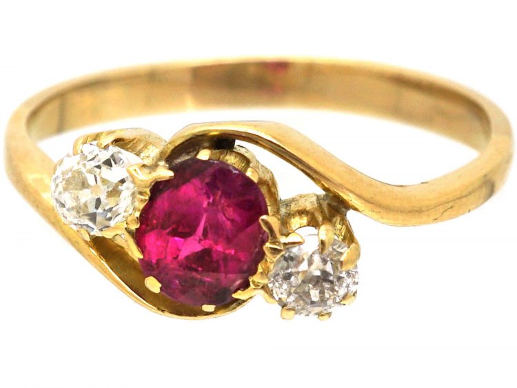 1930s 18ct Gold, Ruby and Diamond Cross Over Ring