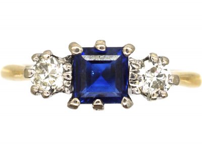 Art Deco 18ct Gold, Square Cut Sapphire & Diamond Three Stone Ring