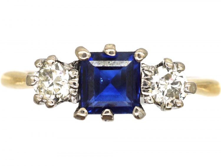 Art Deco 18ct Gold, Square Cut Sapphire & Diamond Three Stone Ring