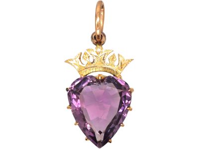 Edwardian 9ct Gold & Amethyst Heart Shaped Pendant with Crown