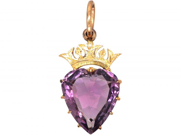 Edwardian 9ct Gold & Amethyst Heart Shaped Pendant with Crown