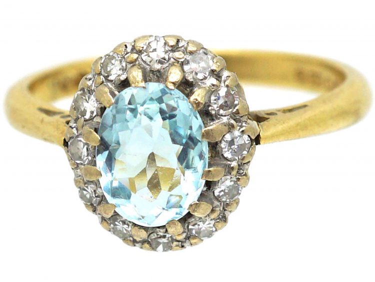 18ct Gold, Aquamarine & Diamond Oval Cluster Ring