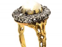 Victorian 18ct Gold, Natural Pearl & Old Mine Cut Diamond Cluster Ring