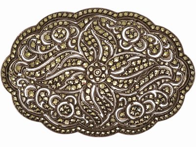 Art Deco Silver & Marcasite Oval Shaped Brooch