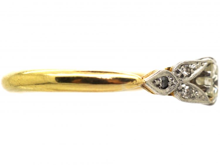 Art Deco 18ct Gold and Platinum, Diamond Solitaire Ring with Diamond Set Leaf Shoulders