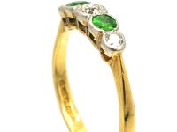 Edwardian 18ct Gold, Rub Over Set Green Garnet & Diamond Five Stone Ring