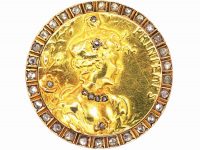 Art Nouveau 18ct Gold Brooch of a Lady set with Diamonds in Original Case